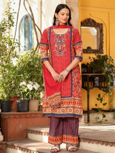 Rust Cotton Ikat Printed Kurta With Pants And Dupatta Set With Thread Embroidery & Laces (3-Pcs)-S4489RUST